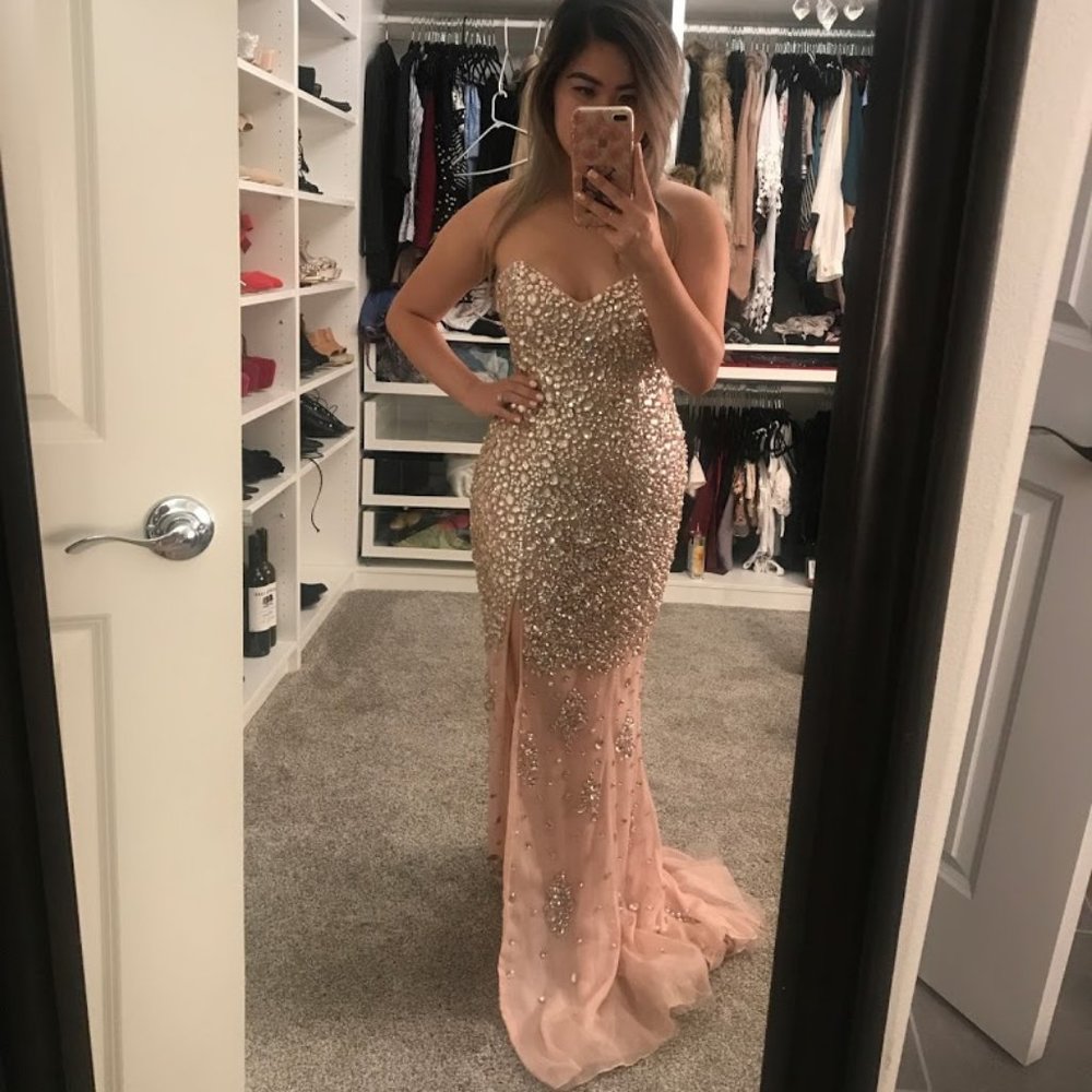 Jovani 4247 Crystal Champagne Strapless Prom Gown